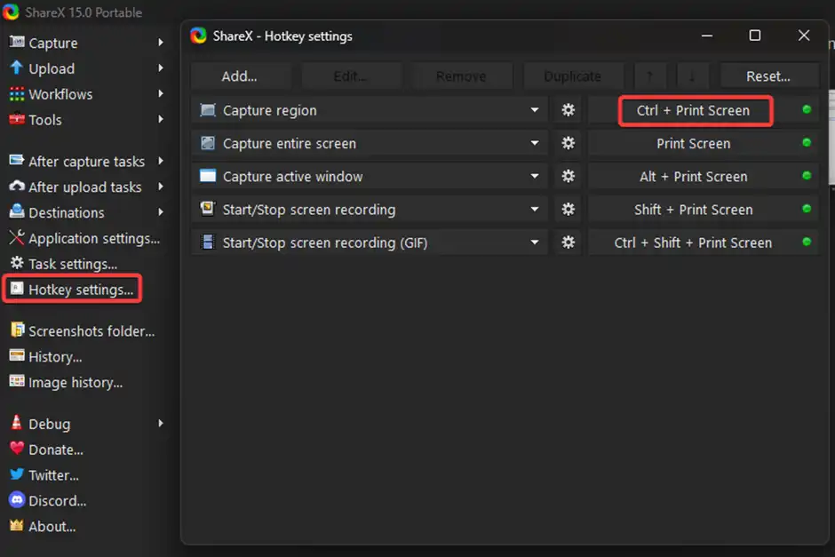 shareX setting hotKeys